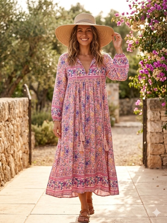 R Vivimos Dresses & Skirts - R VIVIMOS Bohemian Pink Floral Tie-Front Midi Dress. Size S